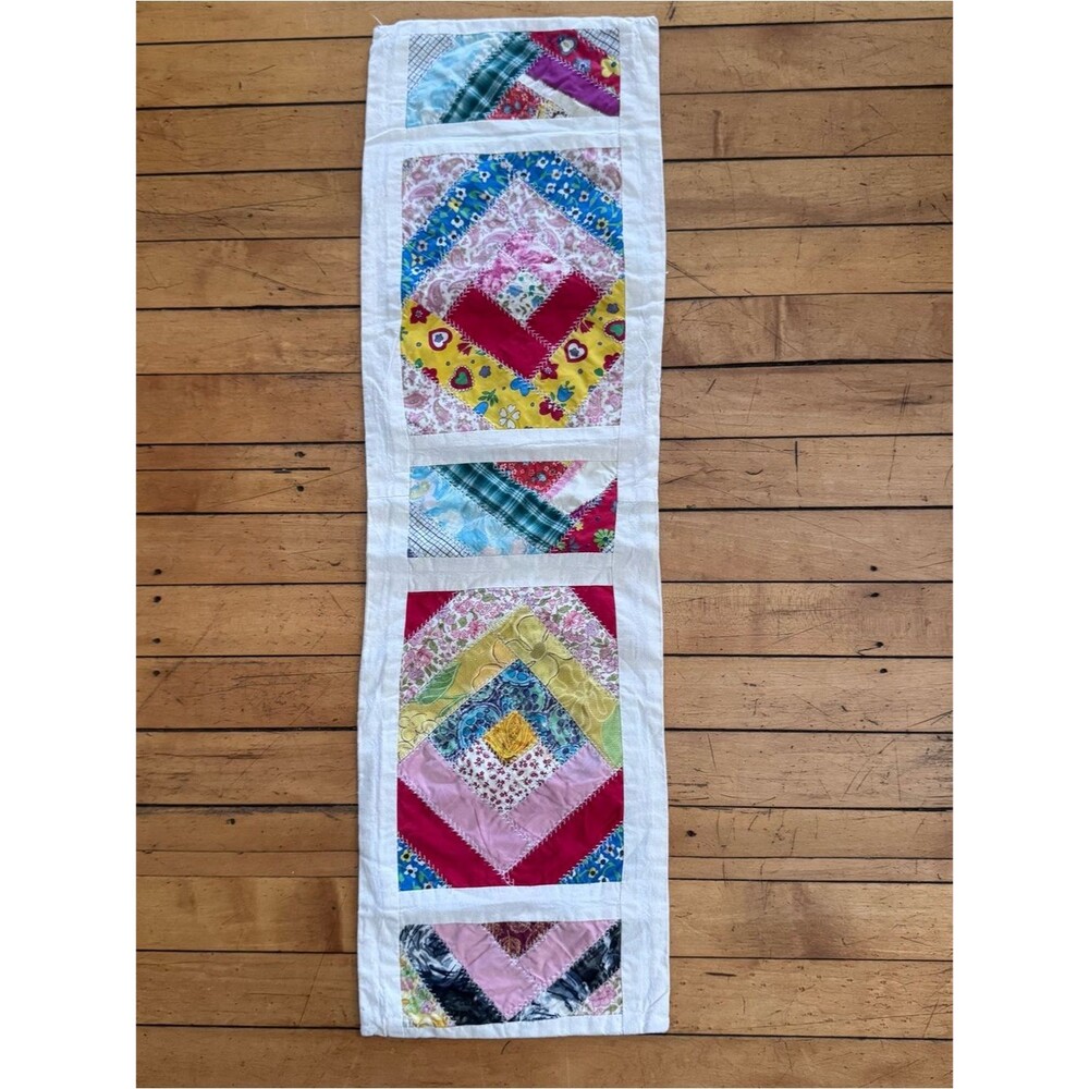 Patchwork Quilt Table Runner Bright Multicolor patchwork quilted 1970s 80s vtg
